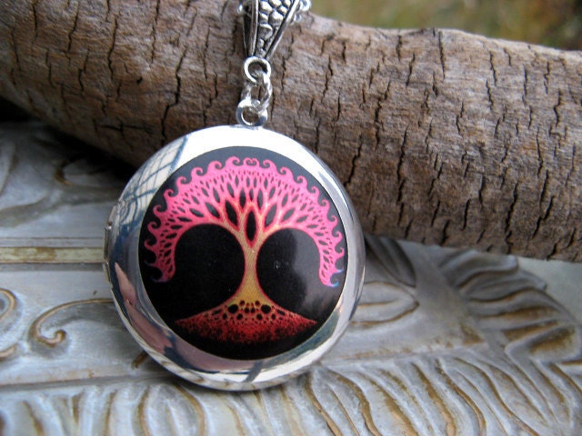 Sale - Cherry Pink Flaming Tree of Life Locket Necklace, Enamel Silver Locket, Antique Silver Chain