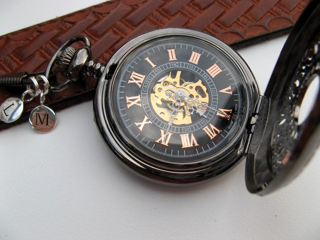 Personalized Black Mechanical Pocket Watch, Watch Chain, 2 Silver Letter Charms - Groomsmen Gift - Item MPW704-SSPC