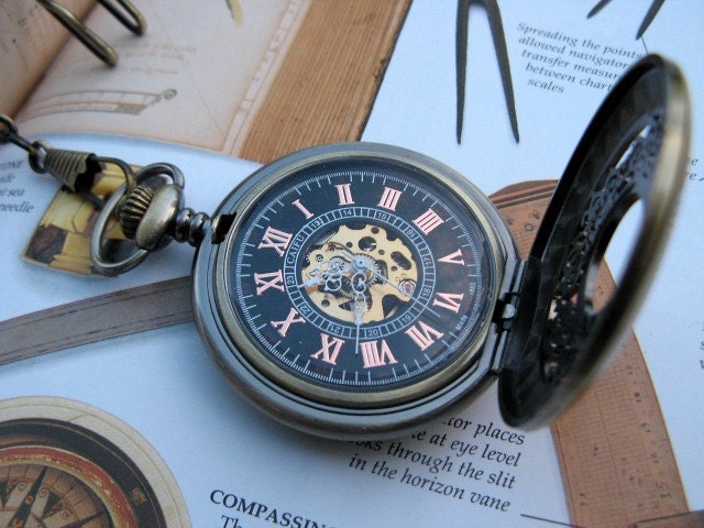 Roman Pocket Watch, Antique Bronze Filigree Pocket Watch with Pocket Watch Chain - Watch - Groom - Groomsmen - Steampunk - Men - Item MPW41