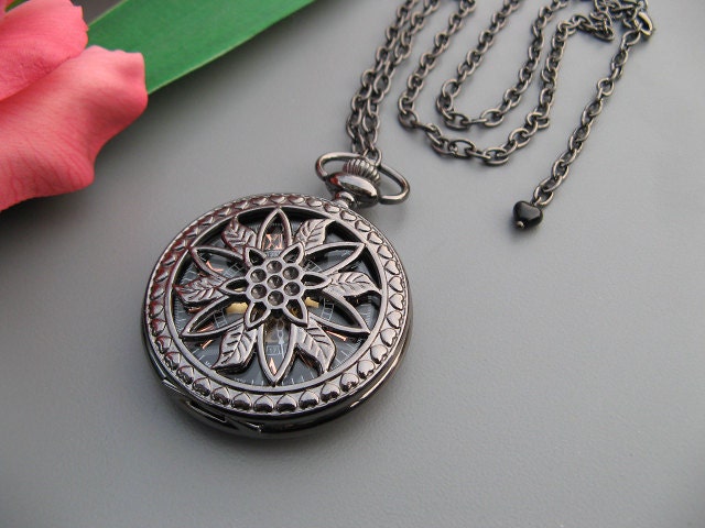 Steampunk Pocket Watch Necklace, Black, Hearts, Floral Design, Victorina, Edwardian Era - Item MPW-N107