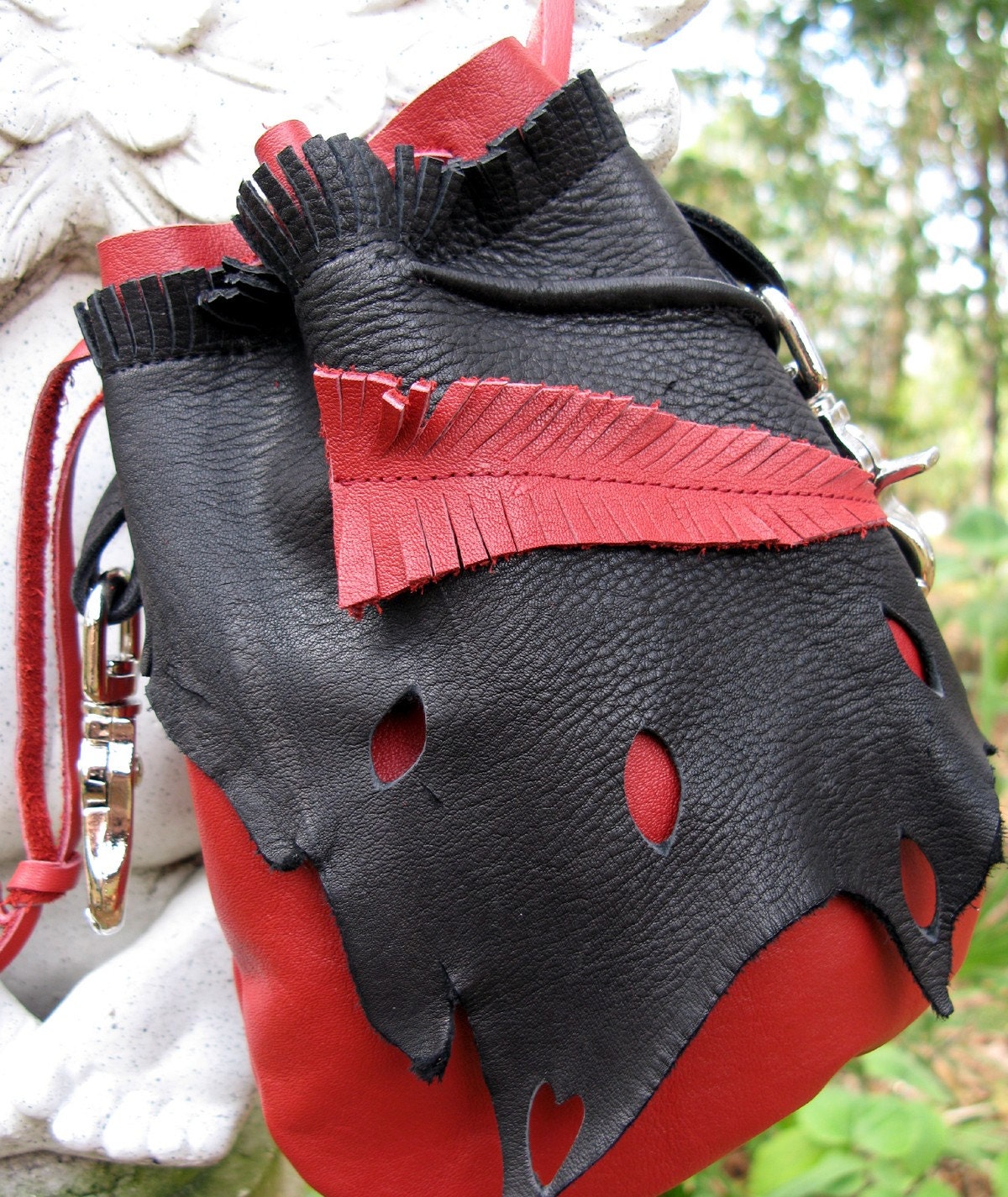 Leather Hip Bag, Leather Purse in Red Cowhide and Black Deerskin