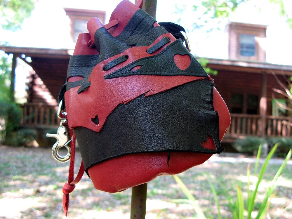 Leather Hip Bag, Leather Handbag in Red Cowhide and Black Deerskin
