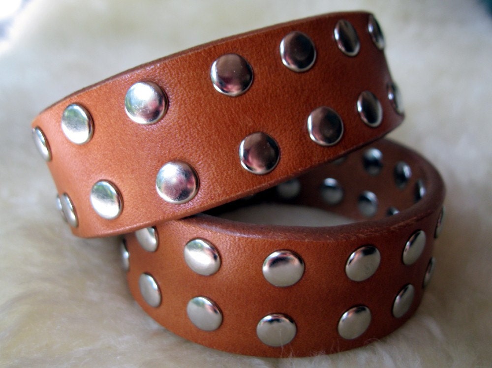 Tan Leather Cuff 1 inch wide with Nickel Studs