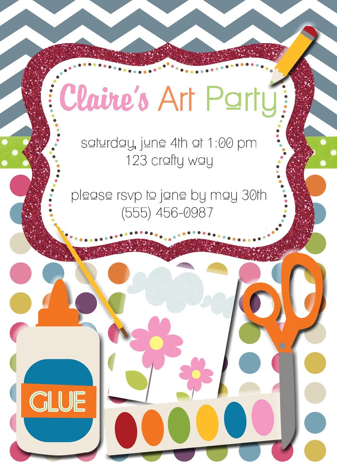 Arts and Crafts Party Invite (25 printed with glitter)