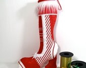Red Victorian Christmas Stocking - Holiday Decor - Whimsical - White Candy Stripes - Decorative Grinch Shoe Boot - 17 X 12 inch