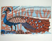 Peacock linocut print.