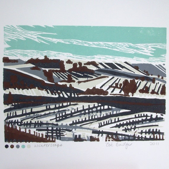 Winterscape linocut print.