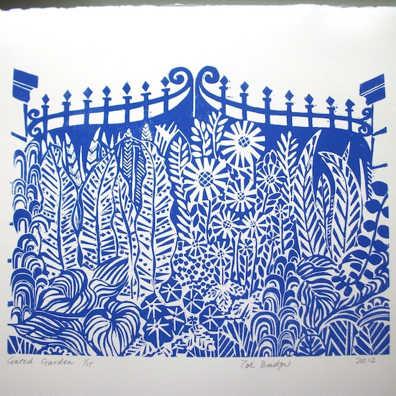Gated Garden linocut print.