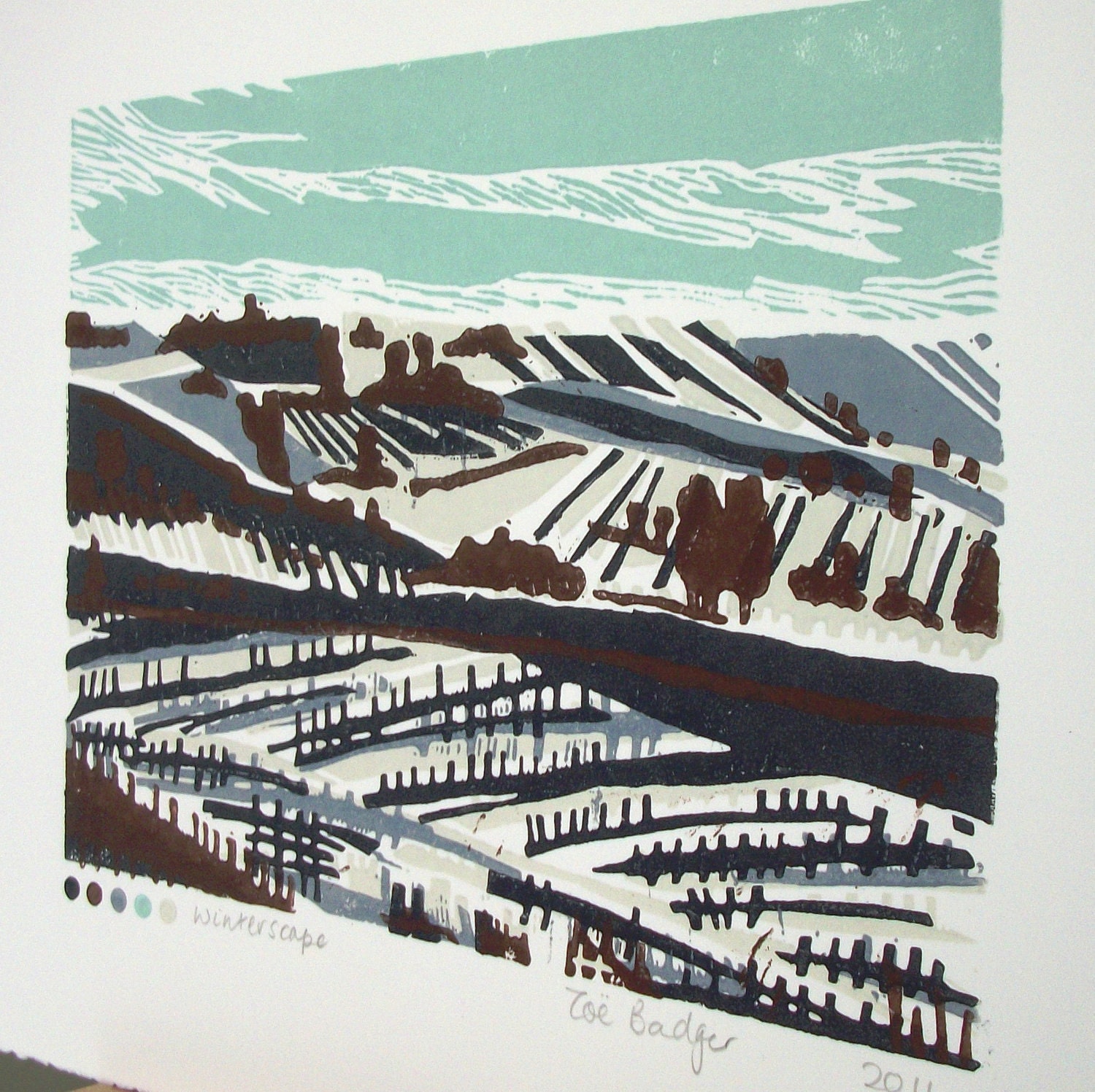 Winterscape linocut print.