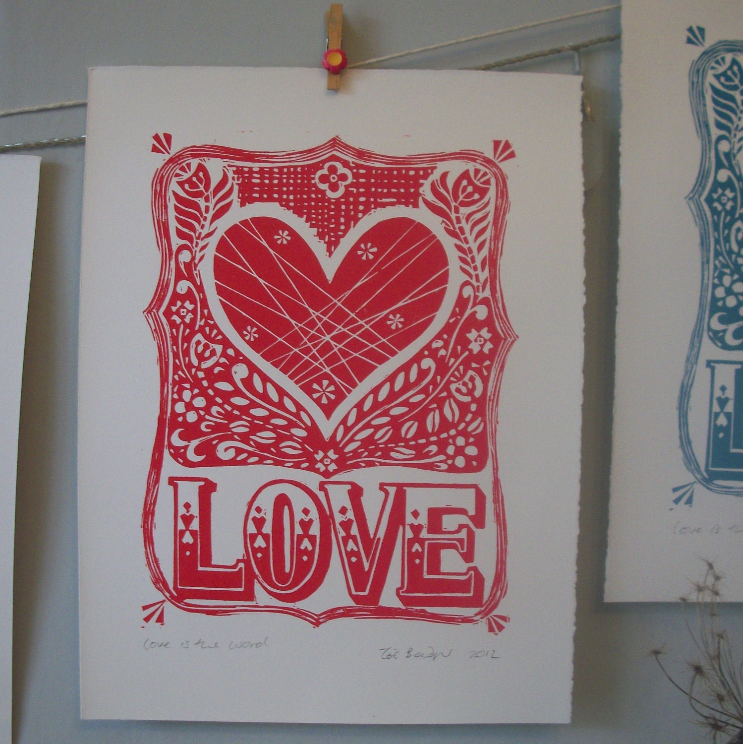 Valentines Love is the word linocut print.