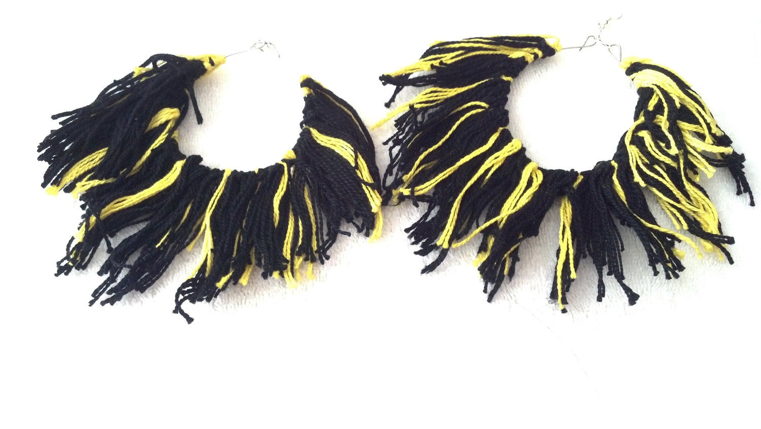 Fiber Hoop Earrings, Black and Yellow Hoops, Big fiber Earrings, Big Diva Hoops(long)