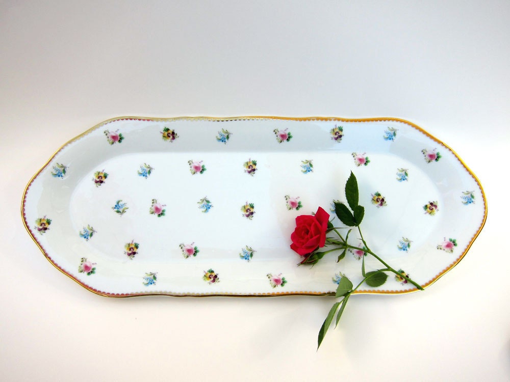 Vintage Shabby Chic Cottage Rosebud and Pansy Porcelain Serving or Vanity Tray