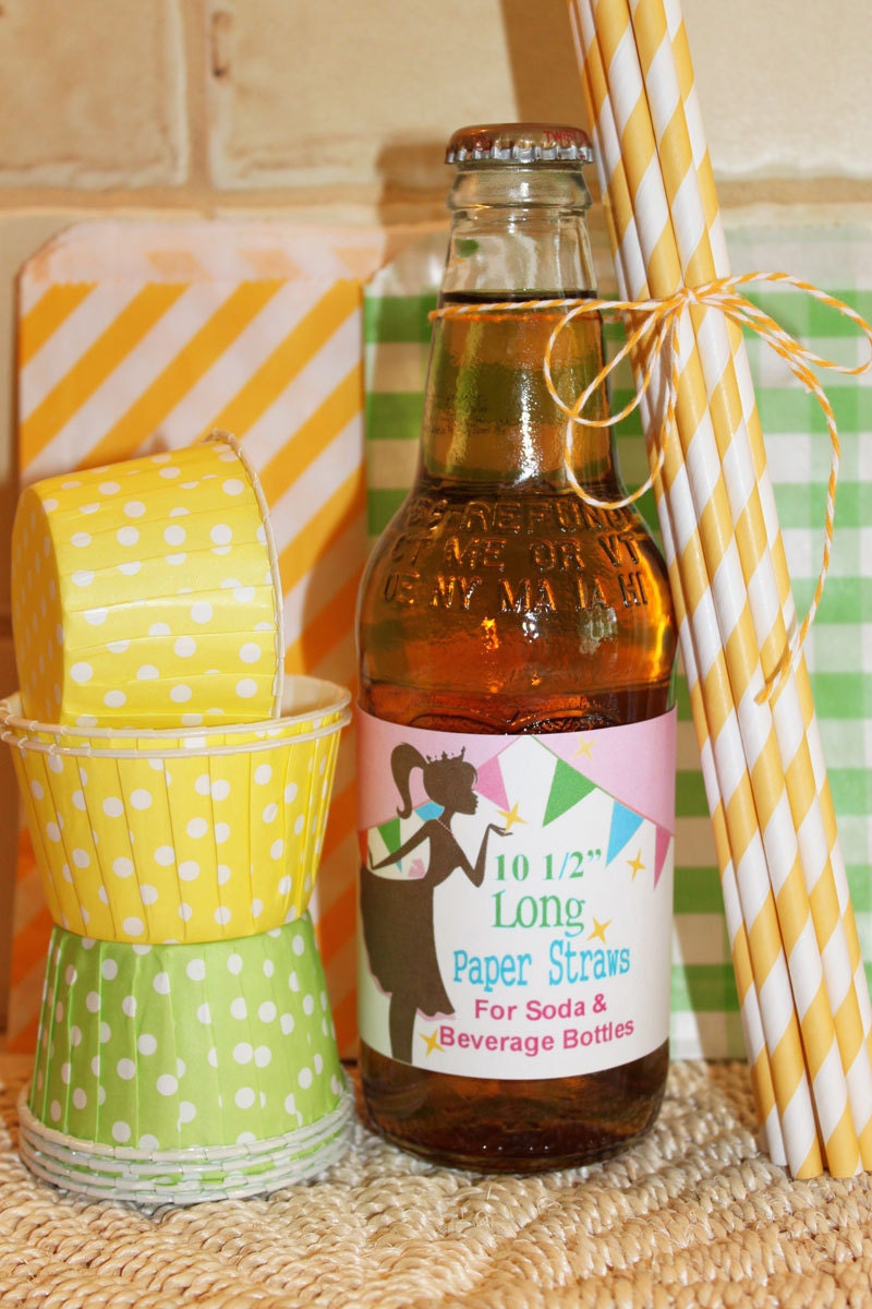 25 LONG YELLOW Striped Paper Straws with DIY Printable Straw Flags  - 10 1/2 Inches long Paper Straws for Tall Soda Bottles