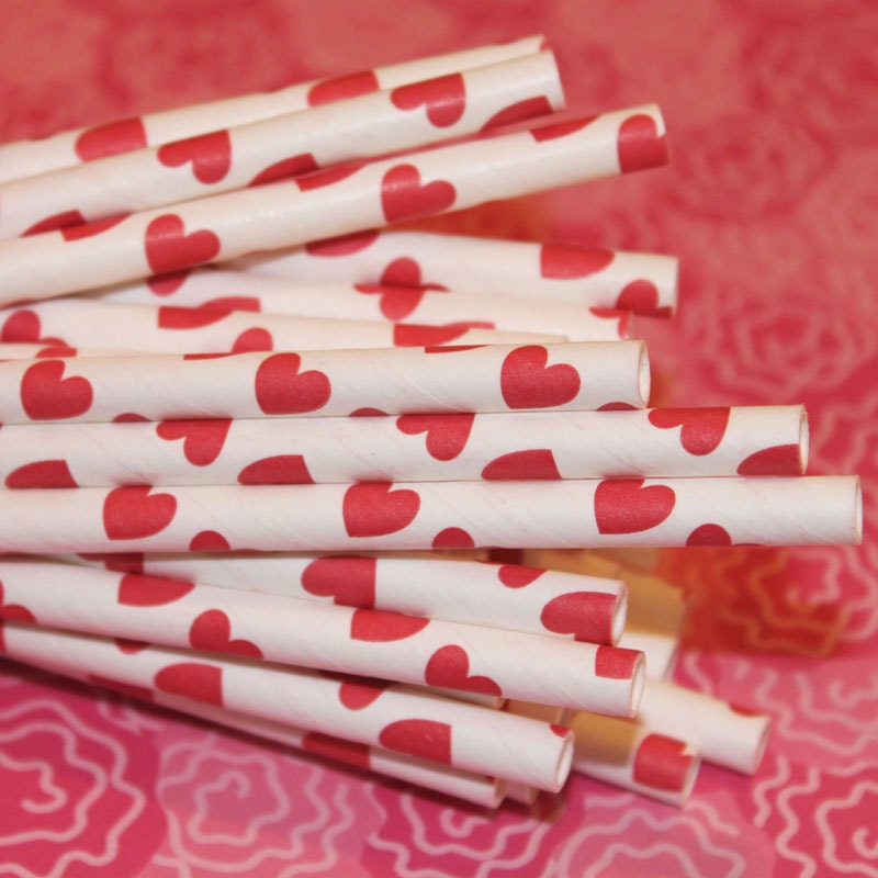 Paper Straws, 25 Red Heart Paper Straws, Valentine's Day Party, Queen of Hearts, Lovers,Cupid, Paper Drinking Straws with DIY Flags