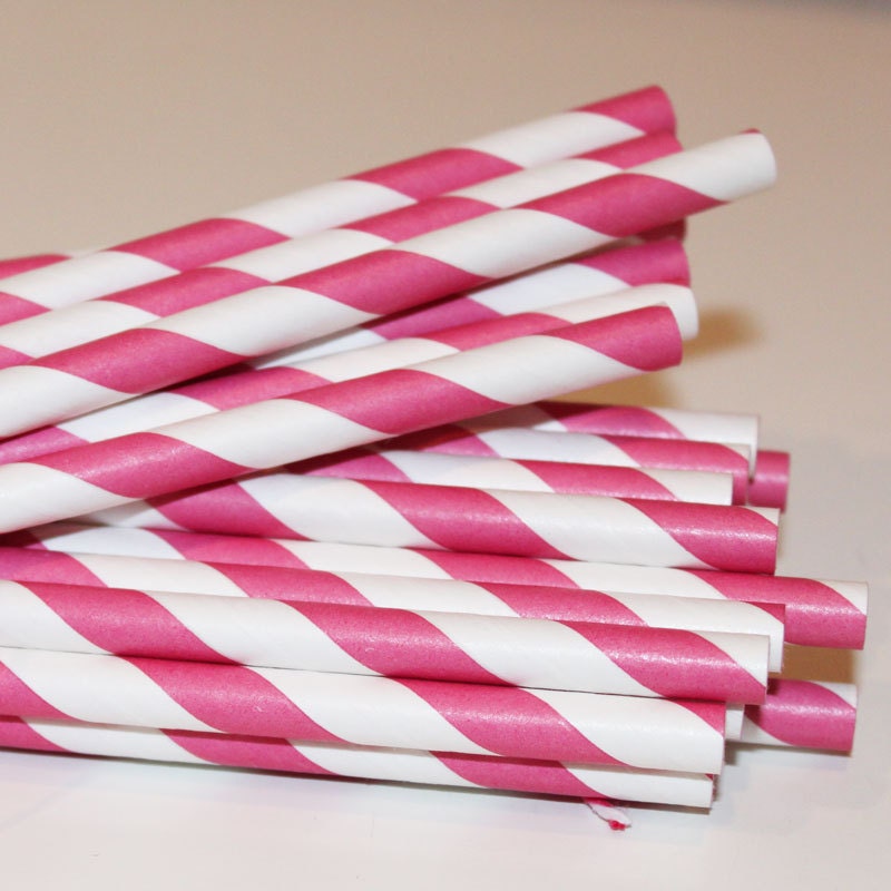 25 Hot Pink Paper Straws with Printable Flag Pennants- Weddings - Baby Shower - Birthday - Barber Pole Striped Vintage