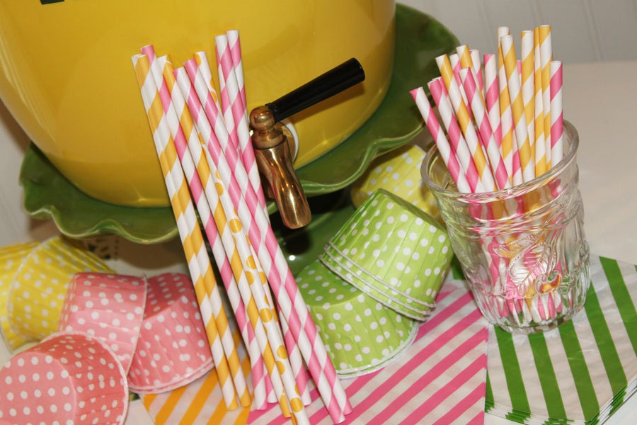 30 Paper Straws, Lemonade Stand, Pink and Yellow Striped Drinking Straws with DIY Flags, Pink Lemonade Parties, Tea Party, Baby Showers