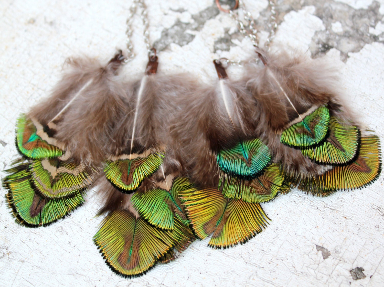 Single Feather Earring. Peacock Feathers. Bright, Emerald Green, Neon Blue. Silver Chain. Summer Of Love. Handmade Jewelry