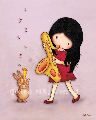 Children wall art print, kids room decoration, baby nursery art, light purple, music, bunny, girl, saxophone, trumpet