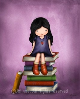 Kids room decor, nursery wall art, children room art, girl sitting on books  (Brown Background)