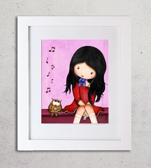 Owl and girl Children art print for kids room or nursery original drawing reproduction music pink