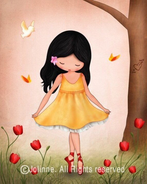 Girls art prints room decor wall art , children housewares , dancing girl in the forest poster, happy colorful picture for kids room