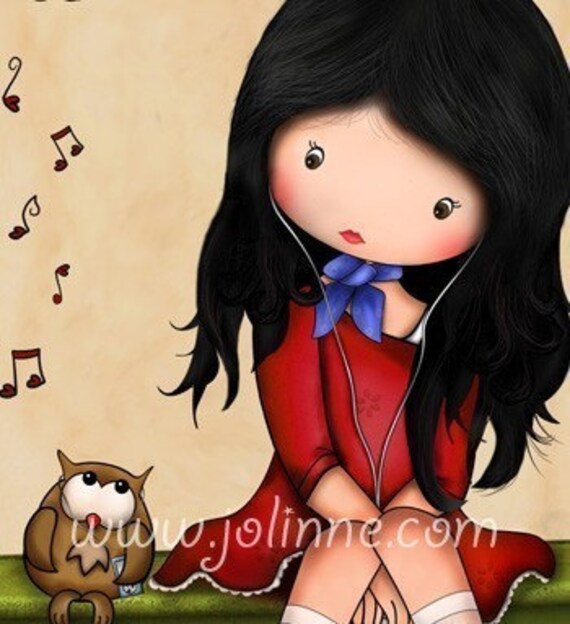 kids room art print, children wall decor, baby nursery art, girl and owl, music, wall hanging, beige background