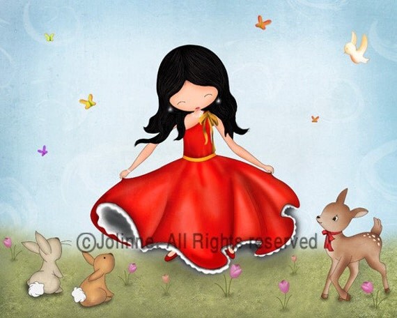 children art print, kids room decor, girls nursery wall art, dancing, bunny, rabbit, deer, nature art, forest animals