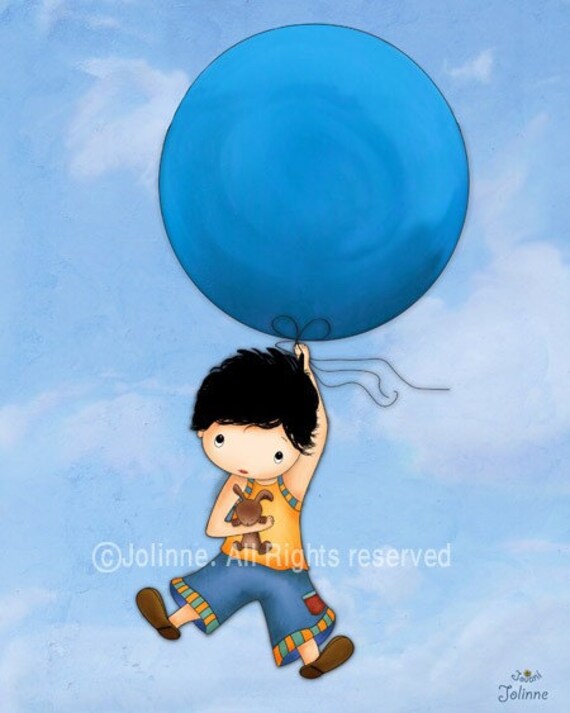 Nursery art print for boys, gift idea for little boys, children's wall art room decor, boy with balloon and rabbit