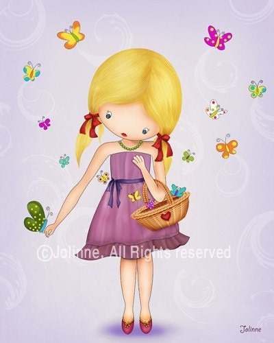 Art print for girls room, children wall art, nursery print, illustration girl with butterflies, turquoise room art ,children spring