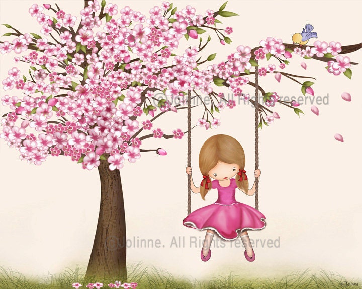 Girls room wall art picture, kids wall art, cherry blossom tree, pink, nursery decor, girl swinging from a tree, children decor