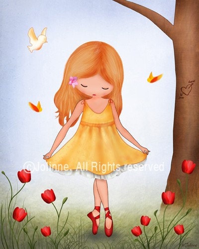Children art print, kids room decor, nursery art, African american dark skin girl dancing