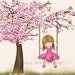 Girls room wall art picture, kids wall art, cherry blossom tree, pink, nursery decor, girl swinging from a tree, children decor