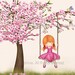 Girls room wall art picture, kids wall art, cherry blossom tree, pink, nursery decor, girl swinging from a tree, children decor