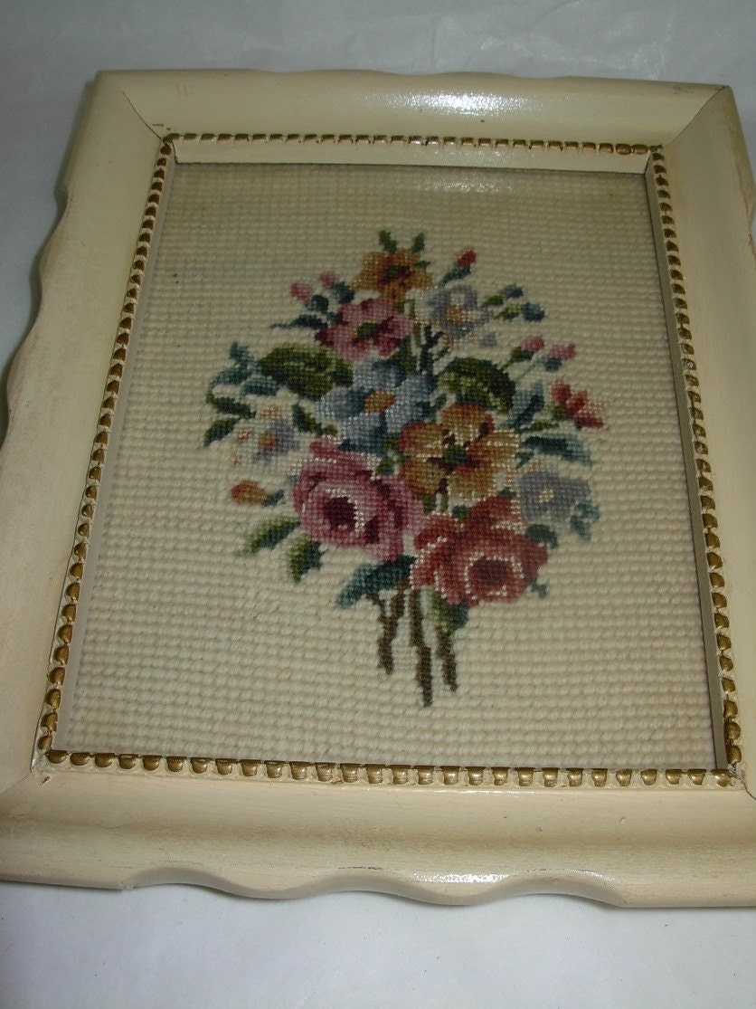 Vintage Framed Needlework Bouquet in Off-White Frame with Gold Accents
