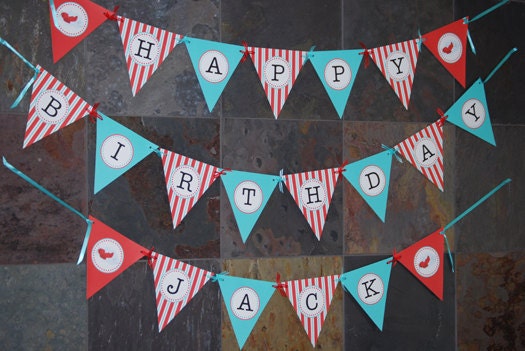 Vintage Airplane Banner - PRINTABLE Happy Birthday Banner - Red and Aqua - By A Blissful Nest