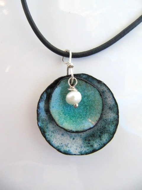 Enamel Jewelry, Enamel on Copper Pendant, Denim and Pearl