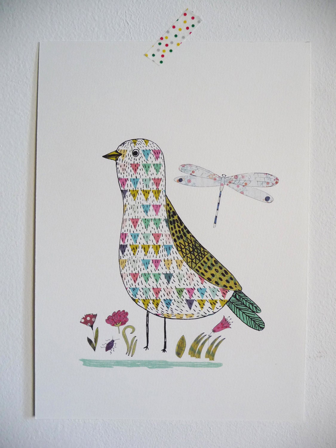 Poster Birds and dragonfly with geometric pattern, A4.