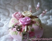 Teacup Roses  Pincushion with  Vintage Jewelry Pin Keeper Sewing Notion