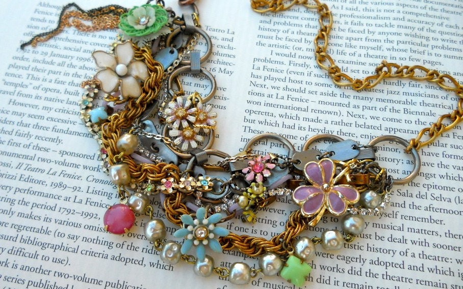 Bib Statement Necklace Vintage Enamel Flower Necklace - It's A Spring Fling Thing