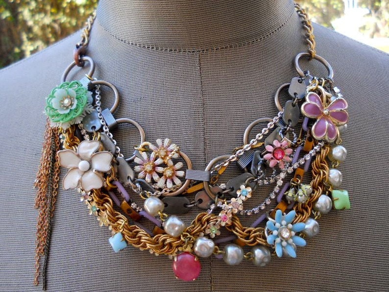 Bib Statement Necklace Vintage Enamel Flower Necklace - It's A Spring Fling Thing