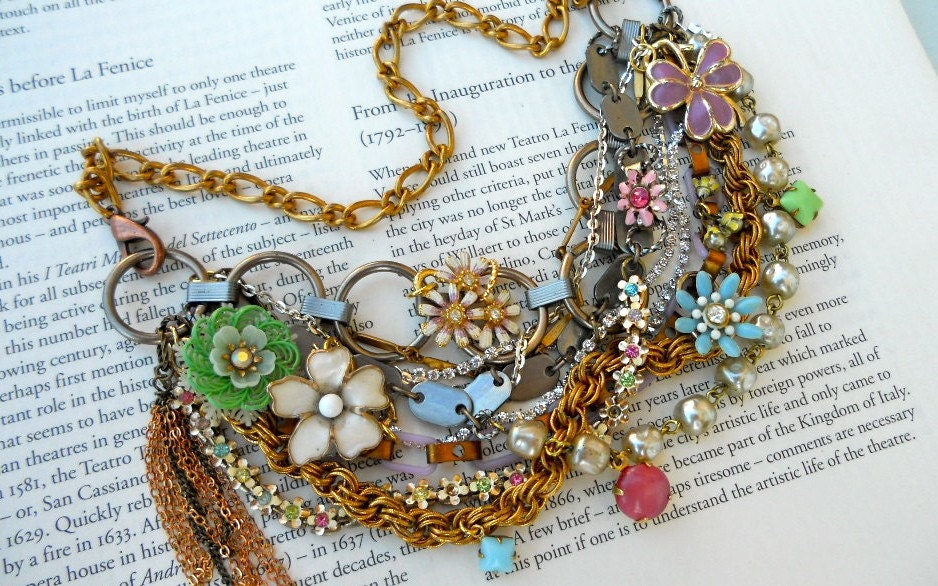 Bib Statement Necklace Vintage Enamel Flower Necklace - It's A Spring Fling Thing