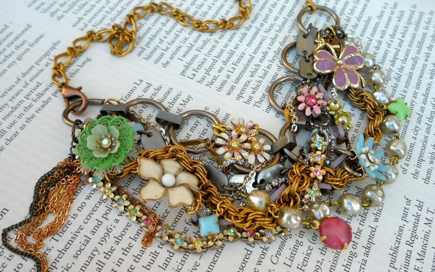 Bib Statement Necklace Vintage Enamel Flower Necklace - It's A Spring Fling Thing