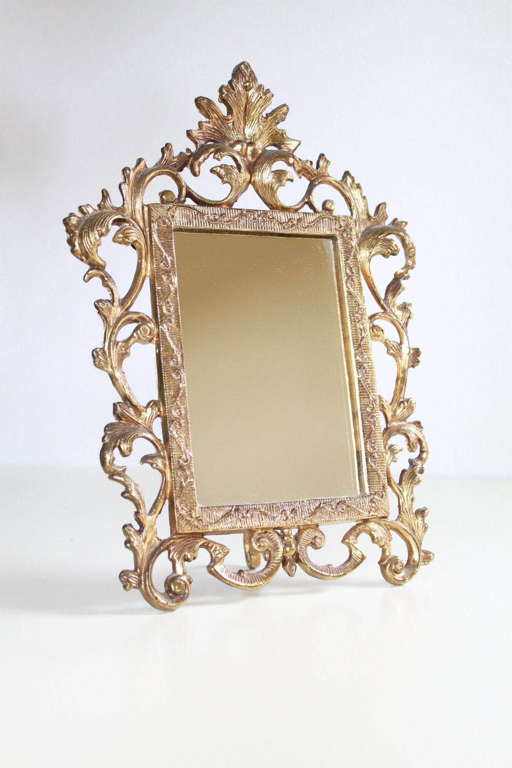 Vintage Golden Vanity Mirror Stand - Hollywood Regency Wall Mirror - FullCircleRetro
