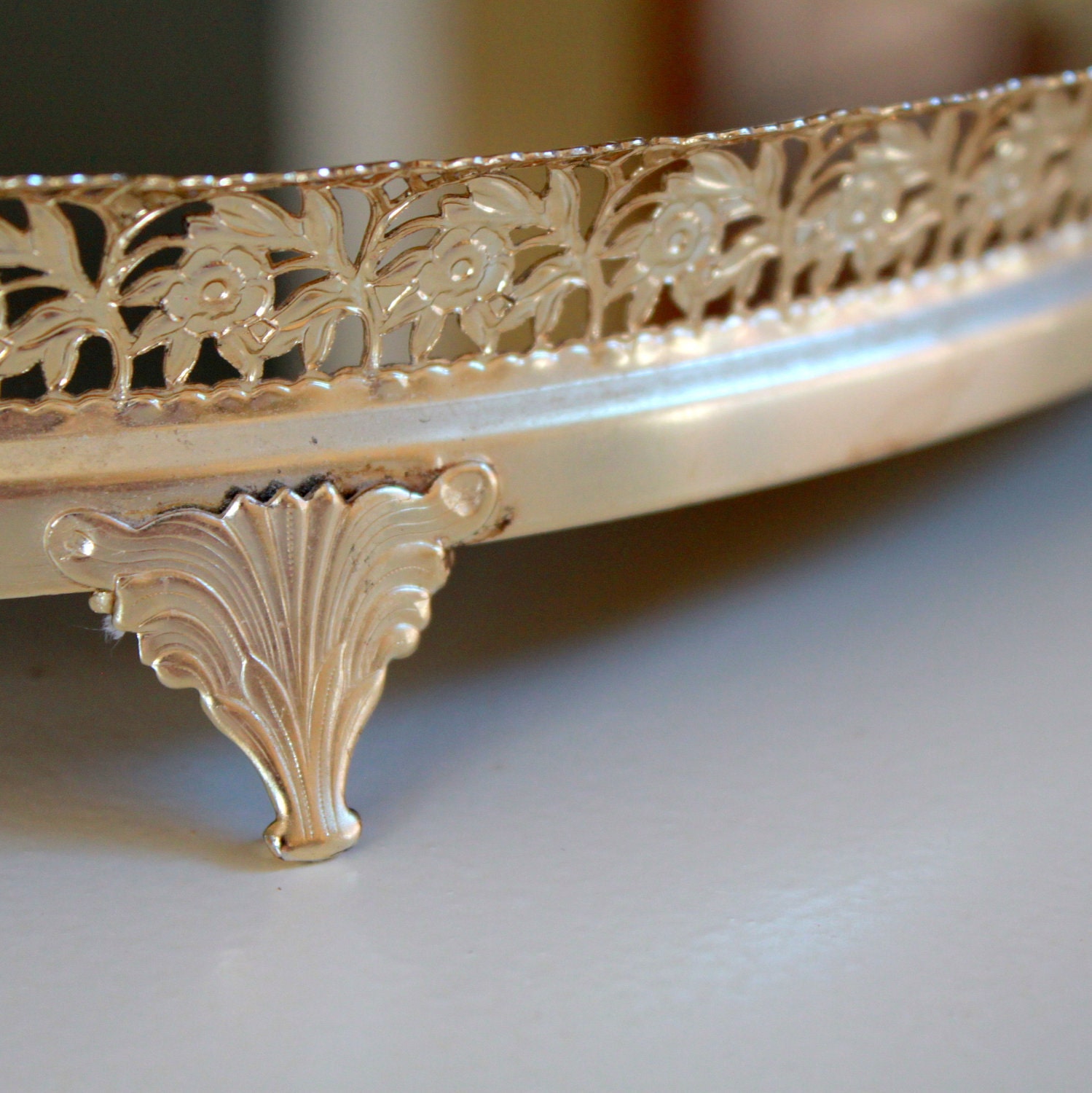 Vintage Golden Oval Vanity Mirror Tray