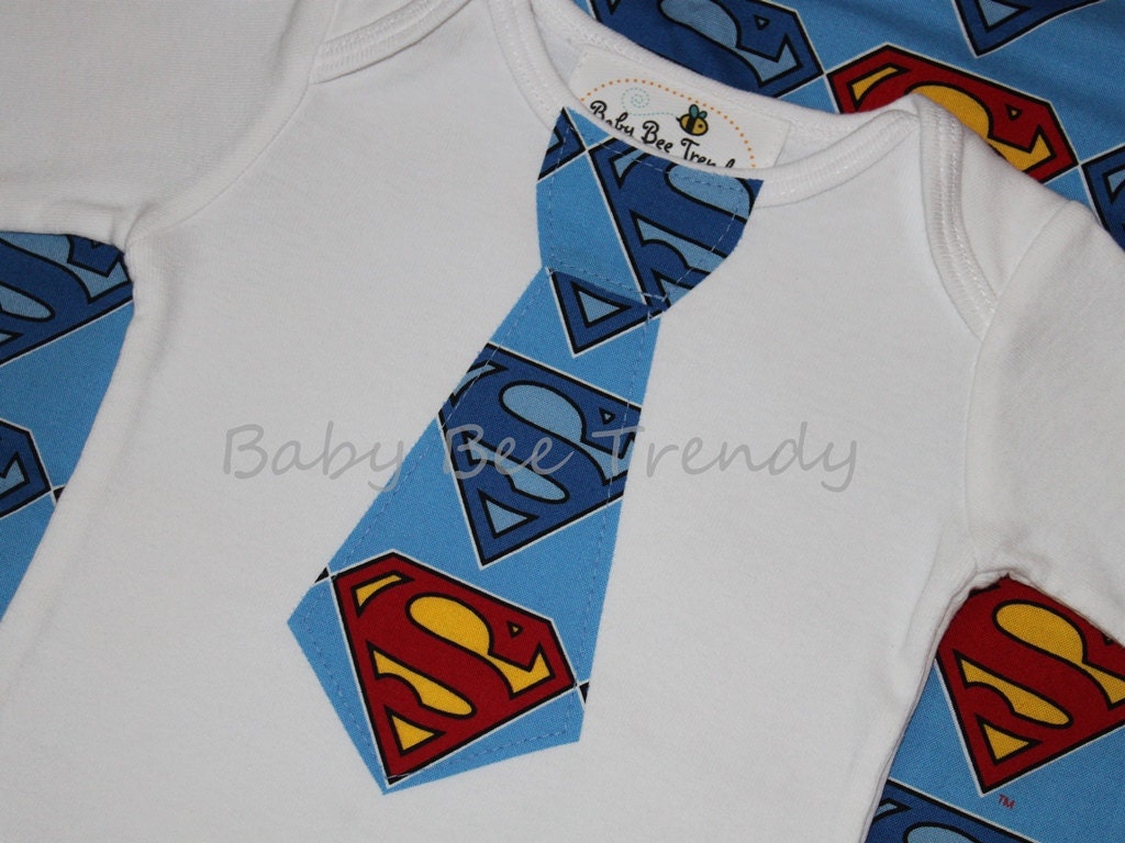 Made to Order... Onesie with Neck Tie Made with Superman  fabric, Shortsleeve Longsleeve Sleeveless - Newborn 3m 6m 9m 12m 18m 24m