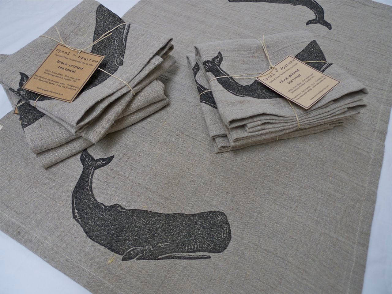 towel whale linen block print dish cloth (graphite whale on toast)