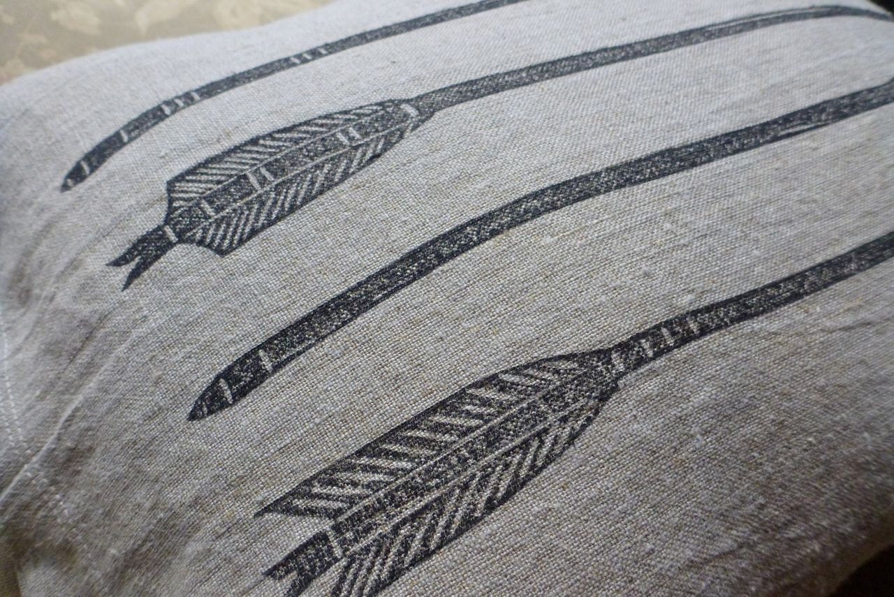 pillow cushion linen arrows archery block print (graphite on toast)