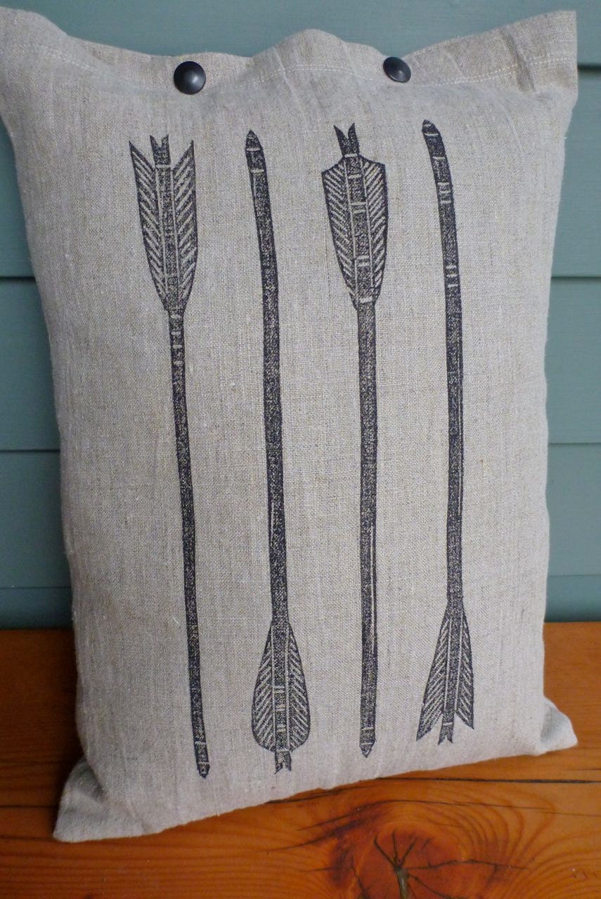 pillow cushion linen arrows archery block print (graphite on toast)