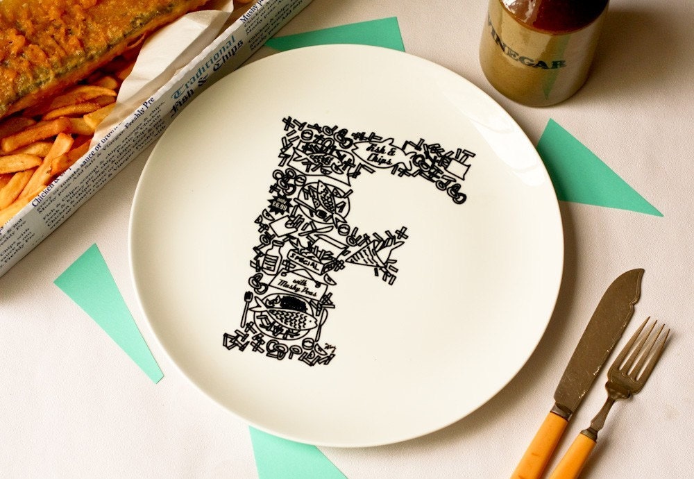 F for Fish and Chips - Alphabet Ceramic Plate (Black)