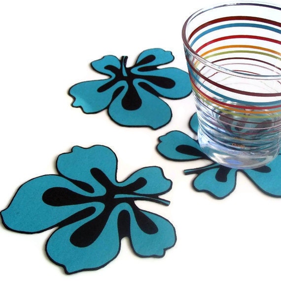 Turquoise flower coasters table charm handmade set of 3 unique